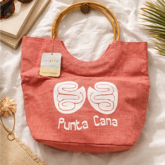 None Handbags - Taigüey Coral Tote Bag with Bamboo Handles - Punta Cana Print